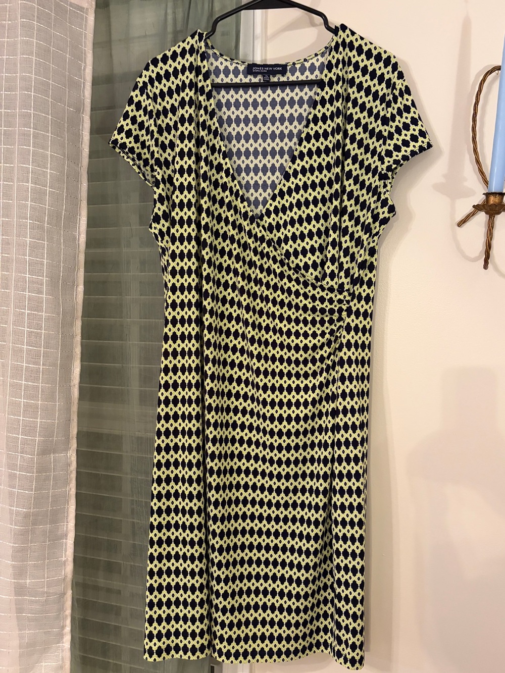 Jones New York Black and Lime Geometric Faux-Wrap Midi Dress